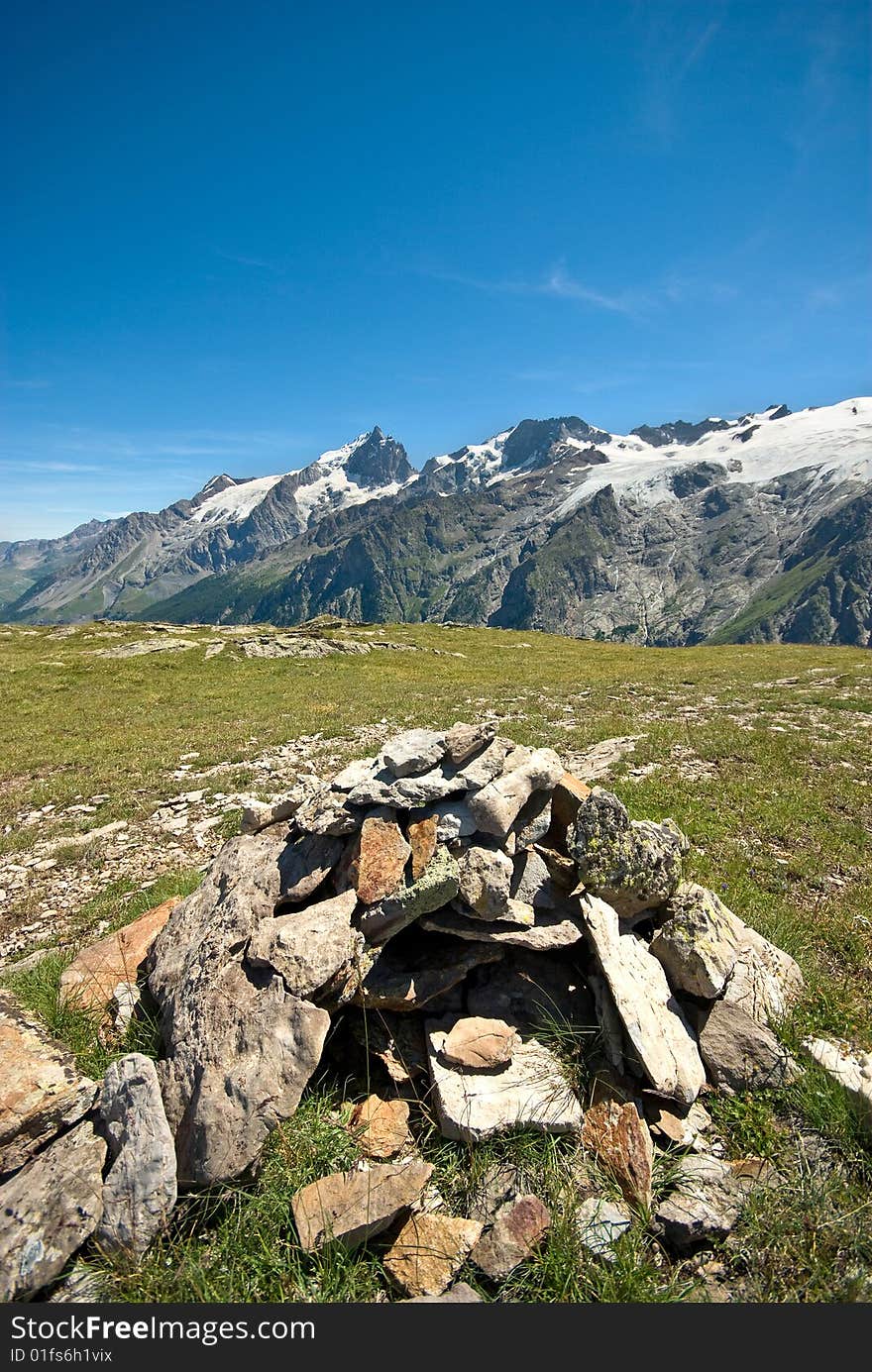 Lake and La Meije mountain landscape. Lake and La Meije mountain landscape