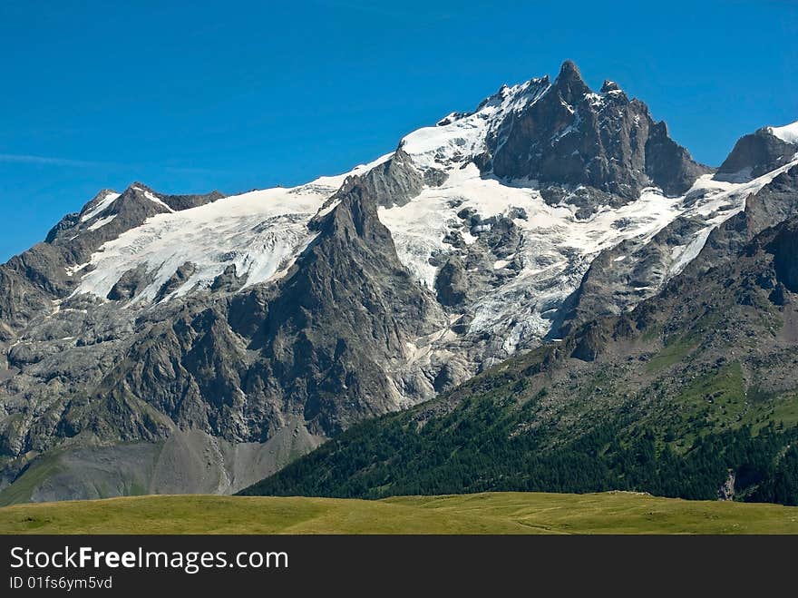 Lake and La Meije mountain landscape. Lake and La Meije mountain landscape