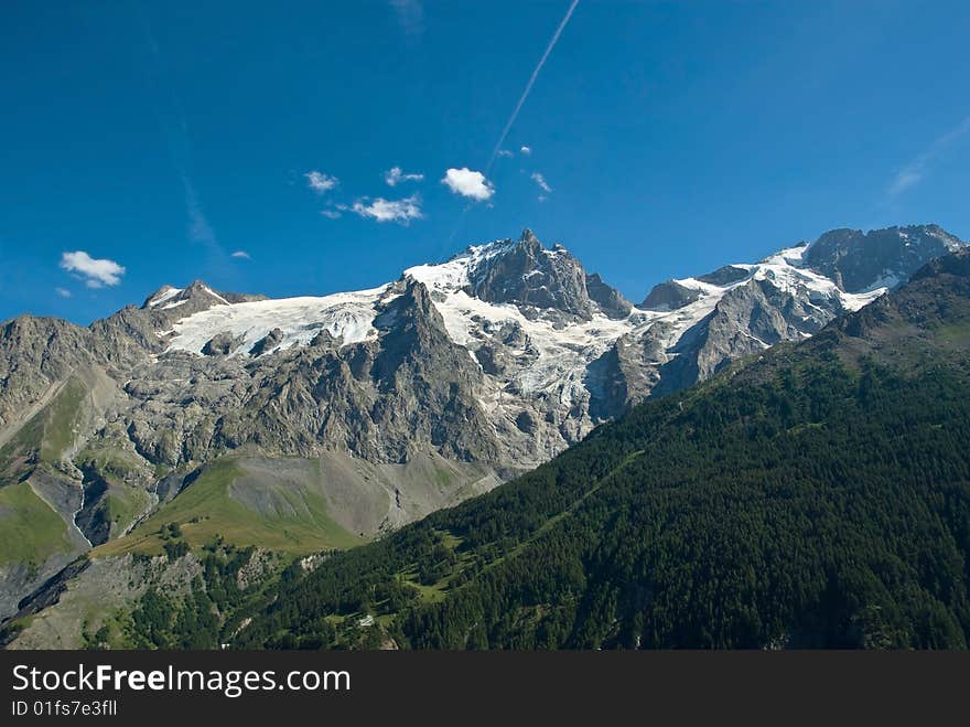 Lake and La Meije mountain landscape. Lake and La Meije mountain landscape