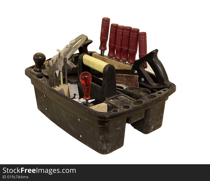 A used toolbox on a white background. A used toolbox on a white background