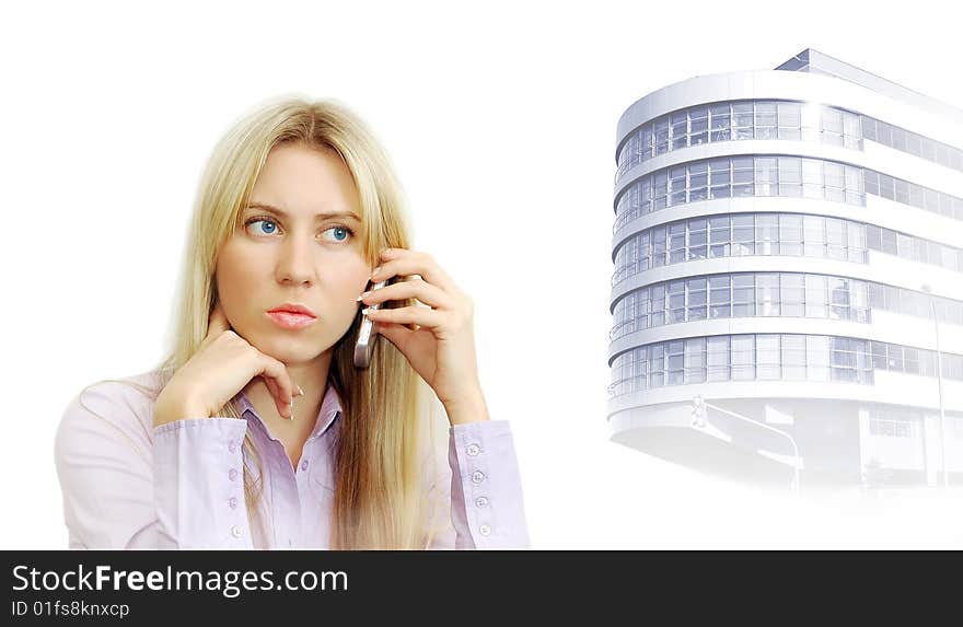 Portrait of beautiful business women with telephone and business centrum isolated on white. Portrait of beautiful business women with telephone and business centrum isolated on white