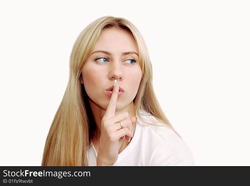 Portrait of blonde young women with beautiful eyes and telephone