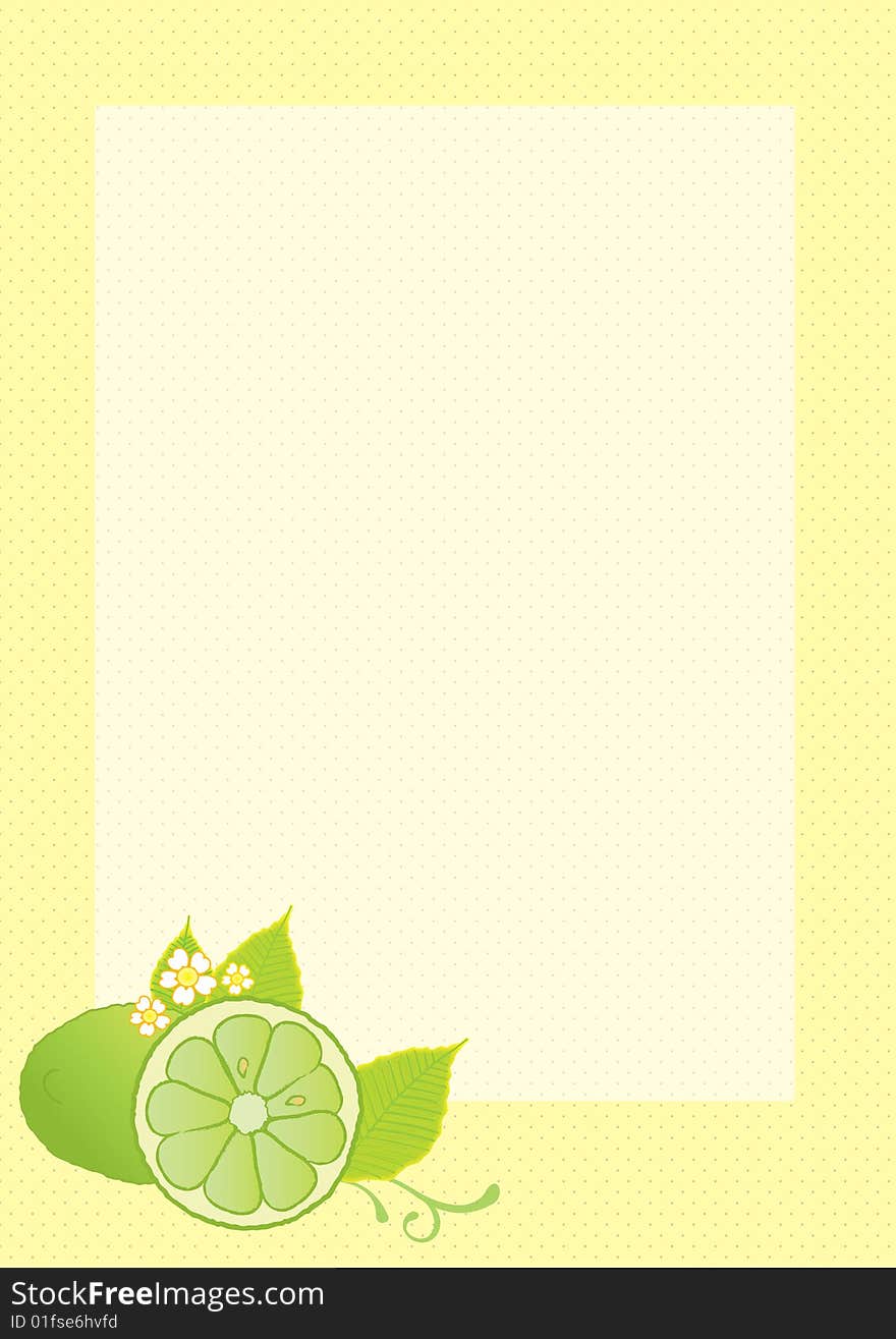 Lime background with lime and leaves in the bottom