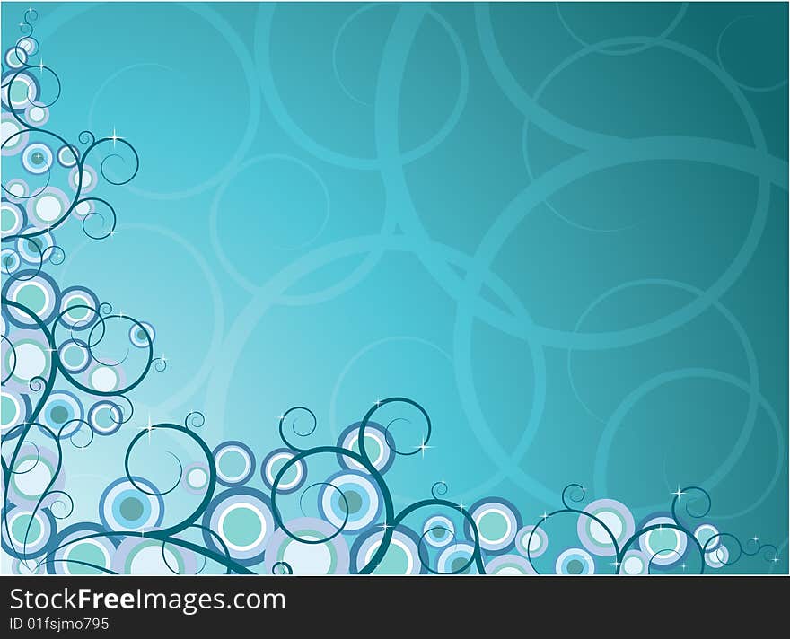 Abstract blue background with ornate scroll.