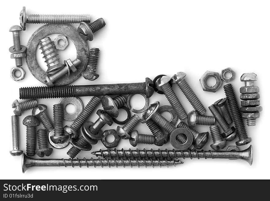 Corner of the stylised frame from various hardware of nuts of bolts of screws. Corner of the stylised frame from various hardware of nuts of bolts of screws