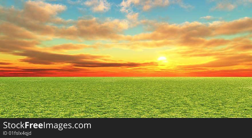 Beautiful summer sunset. 3d image. Beautiful summer sunset. 3d image