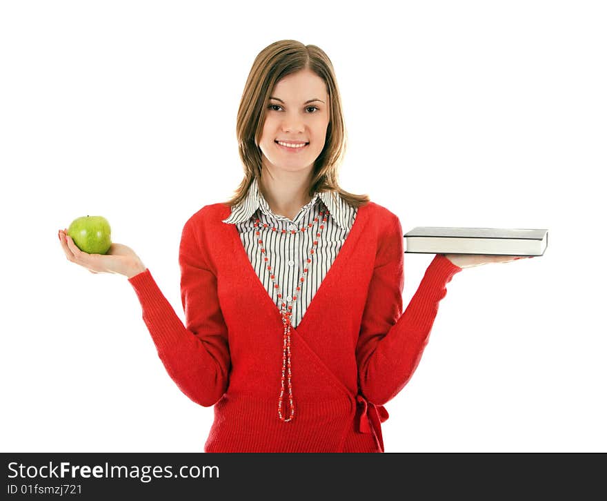 Smiling Girl With An Apple And A Book; Isolated