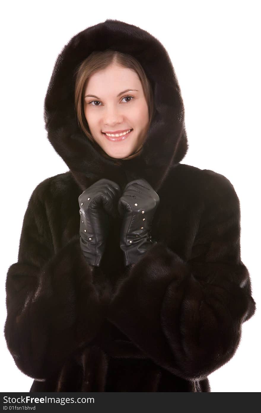 Beautiful Smiling Woman In Mink Fur Coat; Isolated