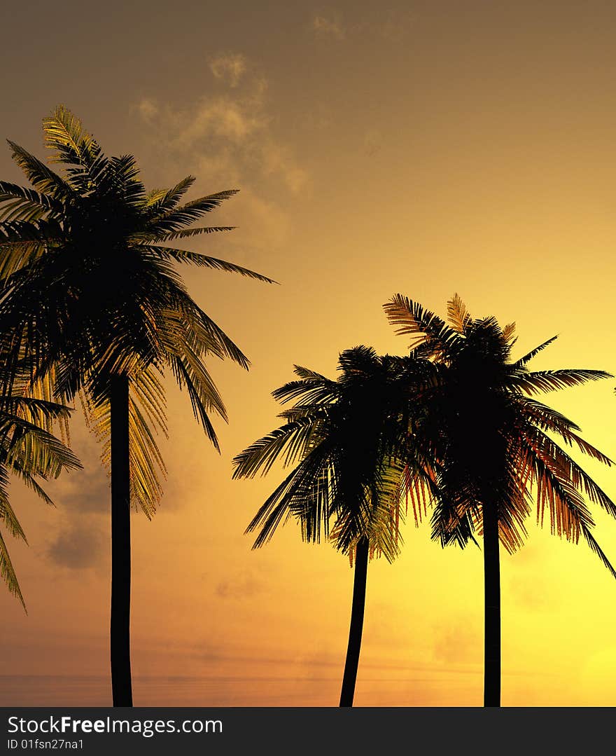 Beautiful sunset with palms. 3d image