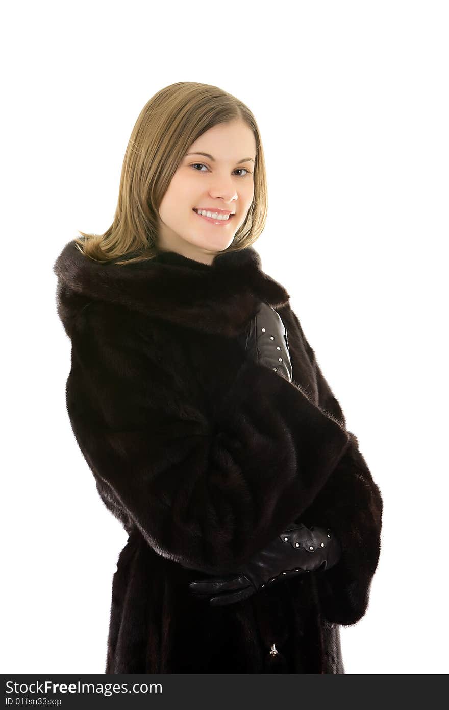 Beautiful Smiling Woman In Mink Fur Coat; Isolated