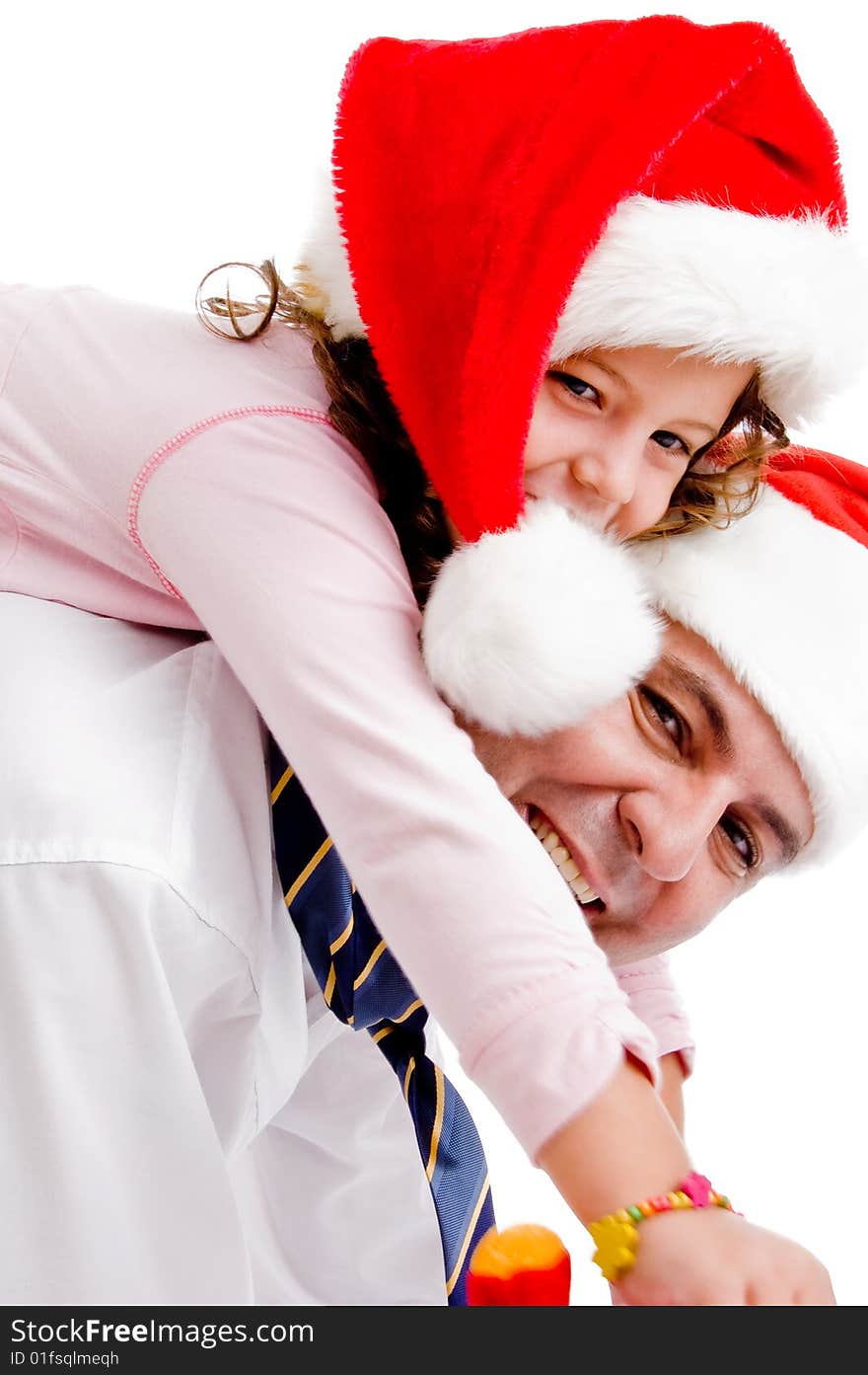 Girl riding on father's back having fun against white background