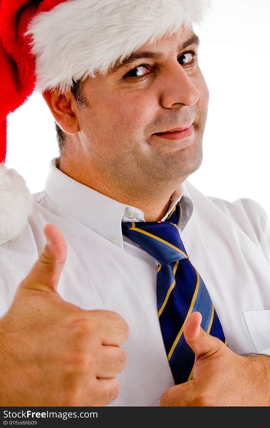 Executive posing with good luck hand gesture on an isolated white background. Executive posing with good luck hand gesture on an isolated white background