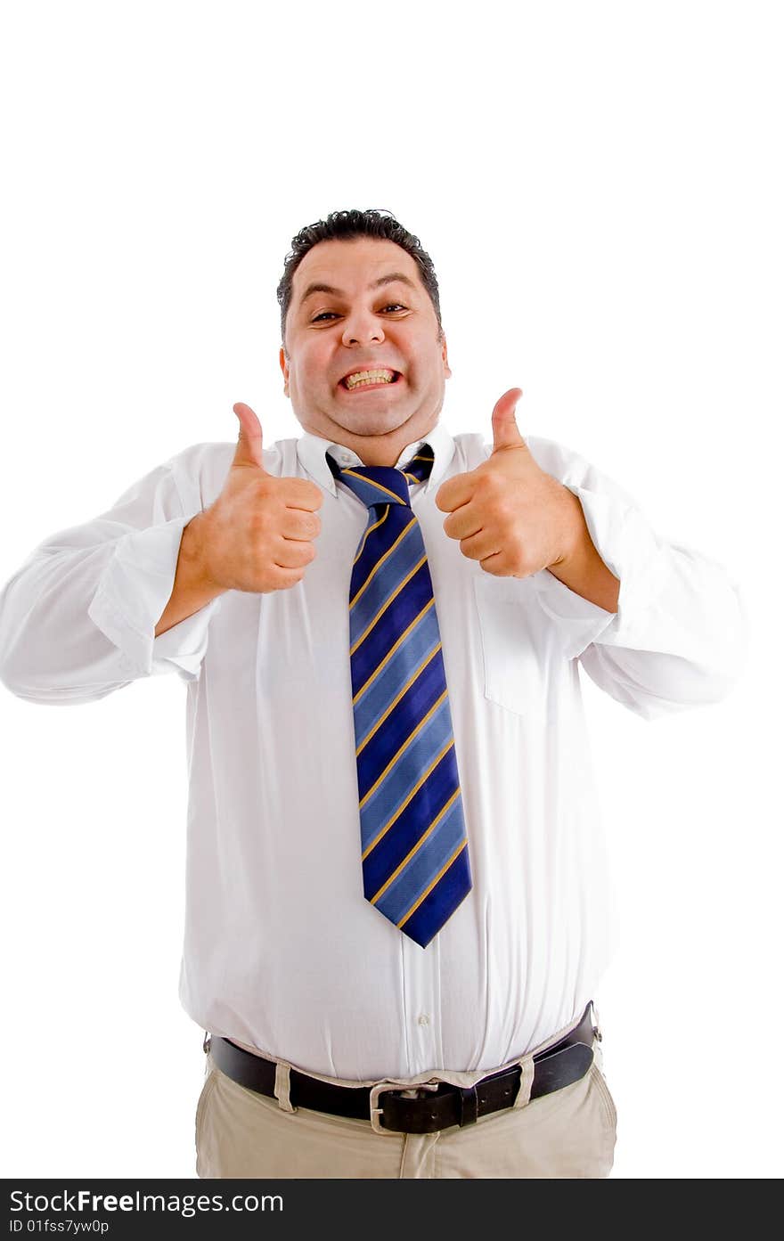 Businessman with his thumbs up and facial expressions on an isolated white background