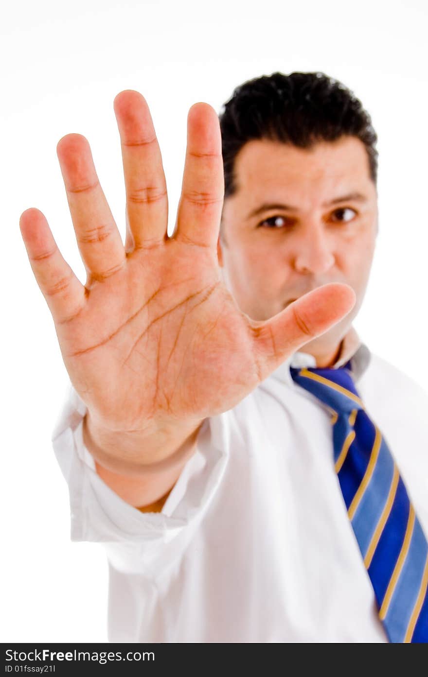 American executive with stopping hand isolated with white background