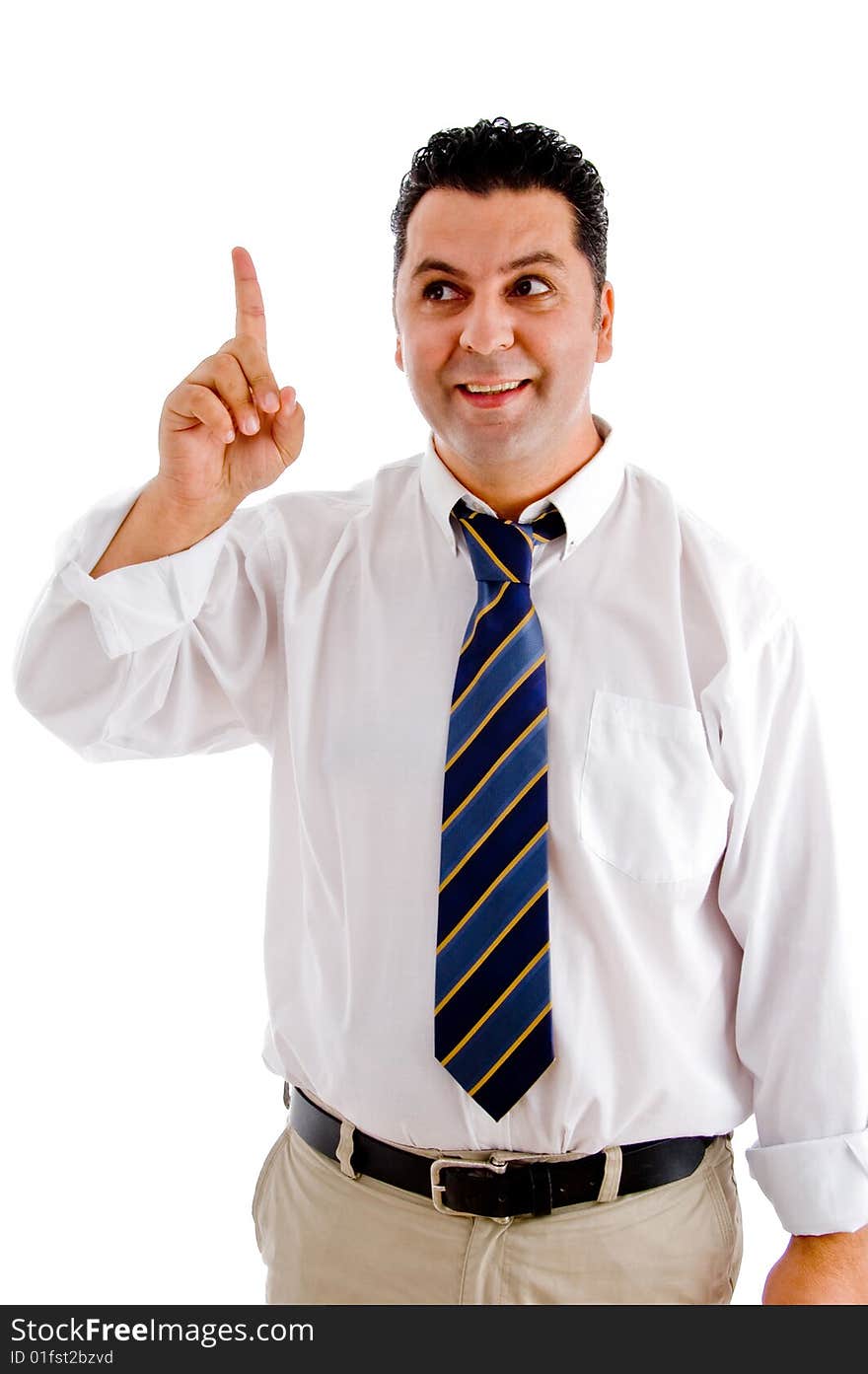 Satisfied businessman indicating upwards on an isolated white background