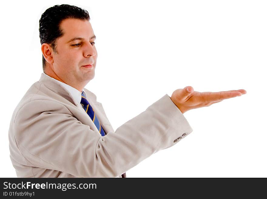 Handsome businessman with hand gesturing against white background