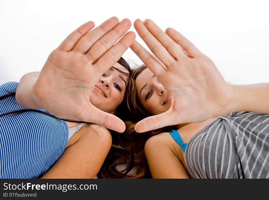 Caucasian girls showing hands on a white isolated background. Caucasian girls showing hands on a white isolated background