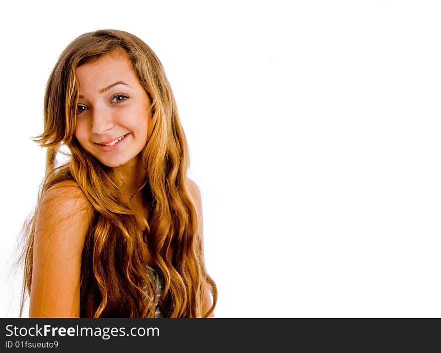 Happy blonde girl looking to camera on a white isolated background. Happy blonde girl looking to camera on a white isolated background