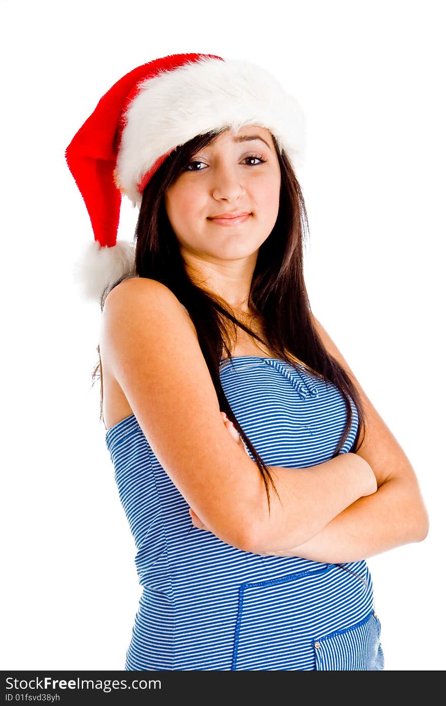 Model wearing christmas hat