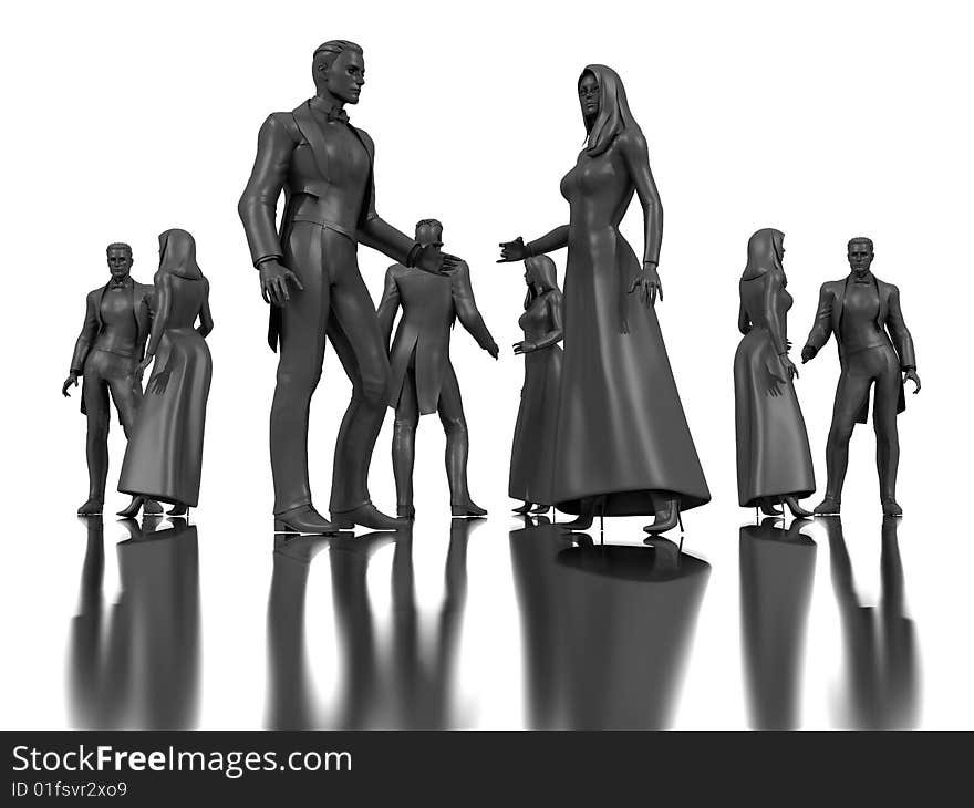 Group of dancing mannequins on a mirror surface. Group of dancing mannequins on a mirror surface