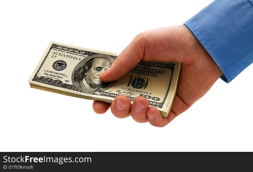 A hand holding money on white background.