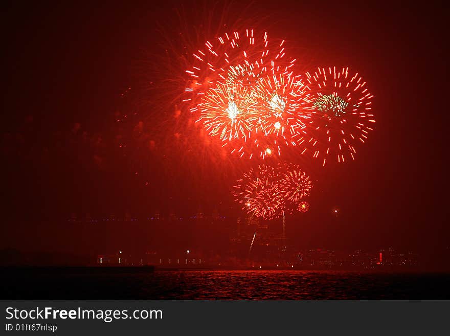 On Chinese Sring Festival,the skyrocket evening will be held ever year. the photo was shot at Dalian,Liaoning Province,China.