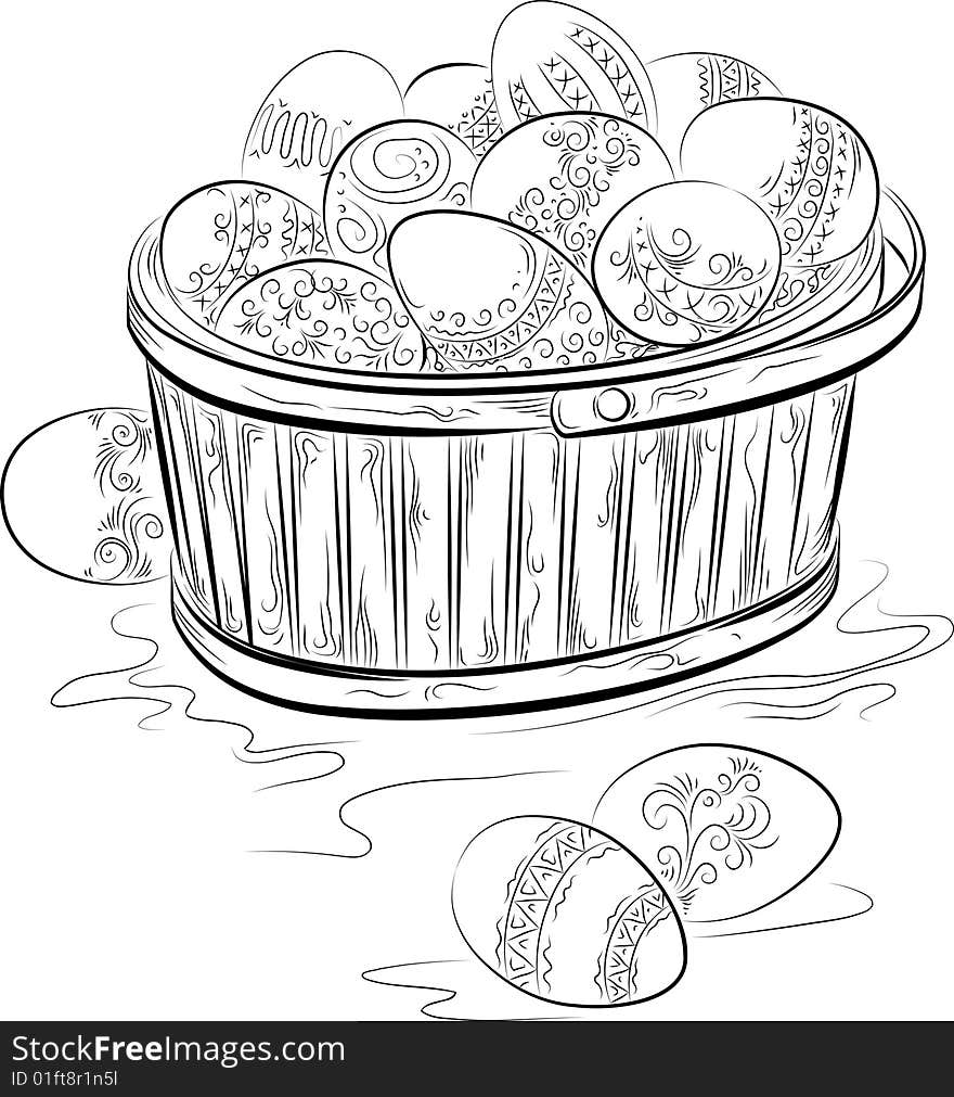 Vector Easter. Drawing of the basket with eggs