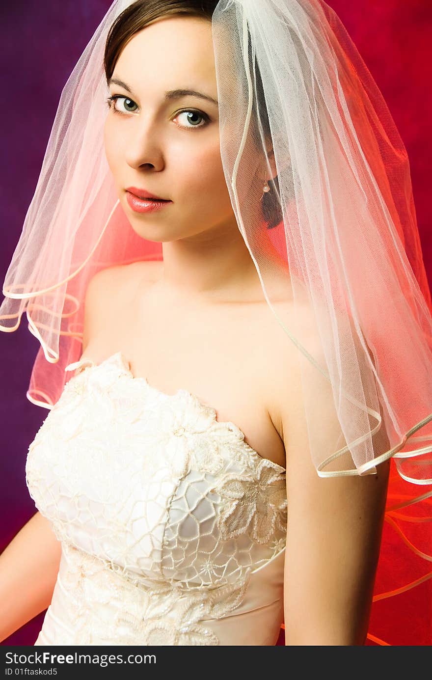 Studio portrait of a young bride wearing a veil and a white wedding dress against red background. Studio portrait of a young bride wearing a veil and a white wedding dress against red background