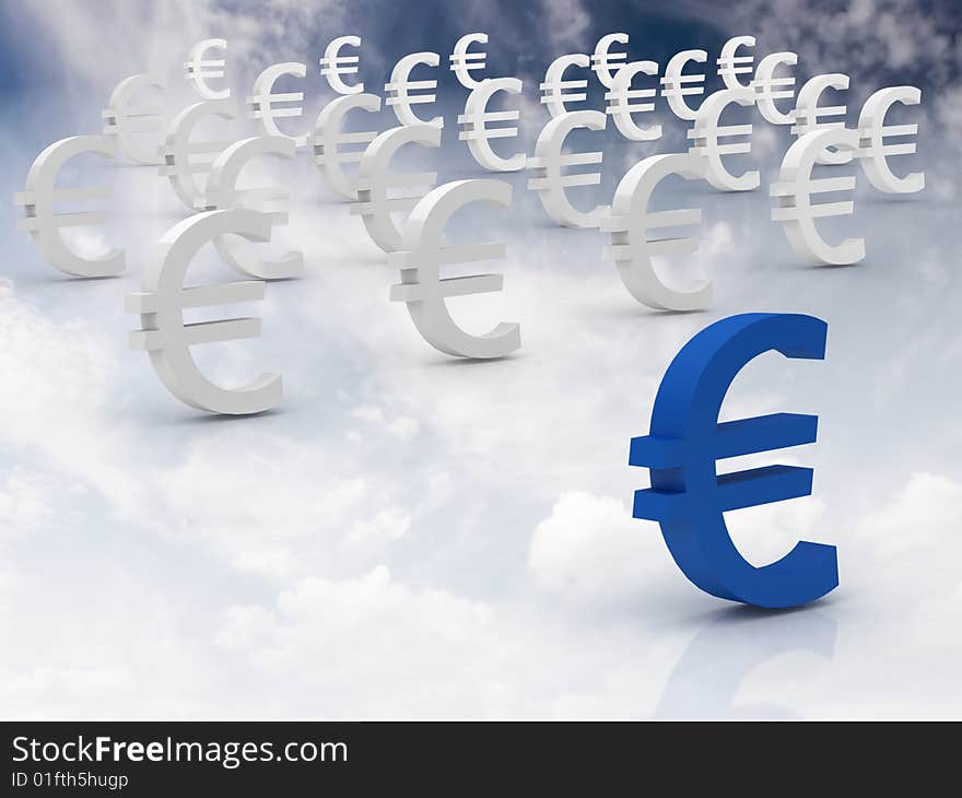 Euro symbols symbolise the 27 countries of the eu in a sky background