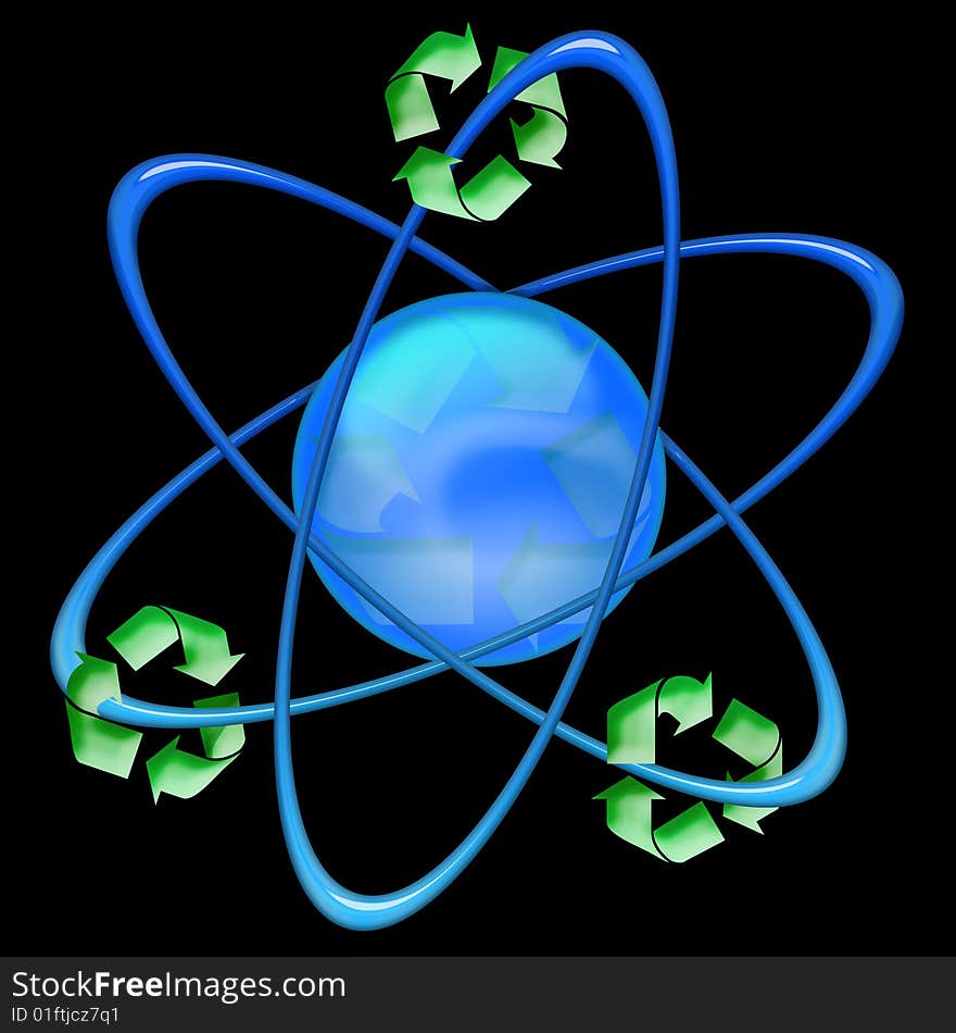 Atom with ecology symbol on black background. Atom with ecology symbol on black background