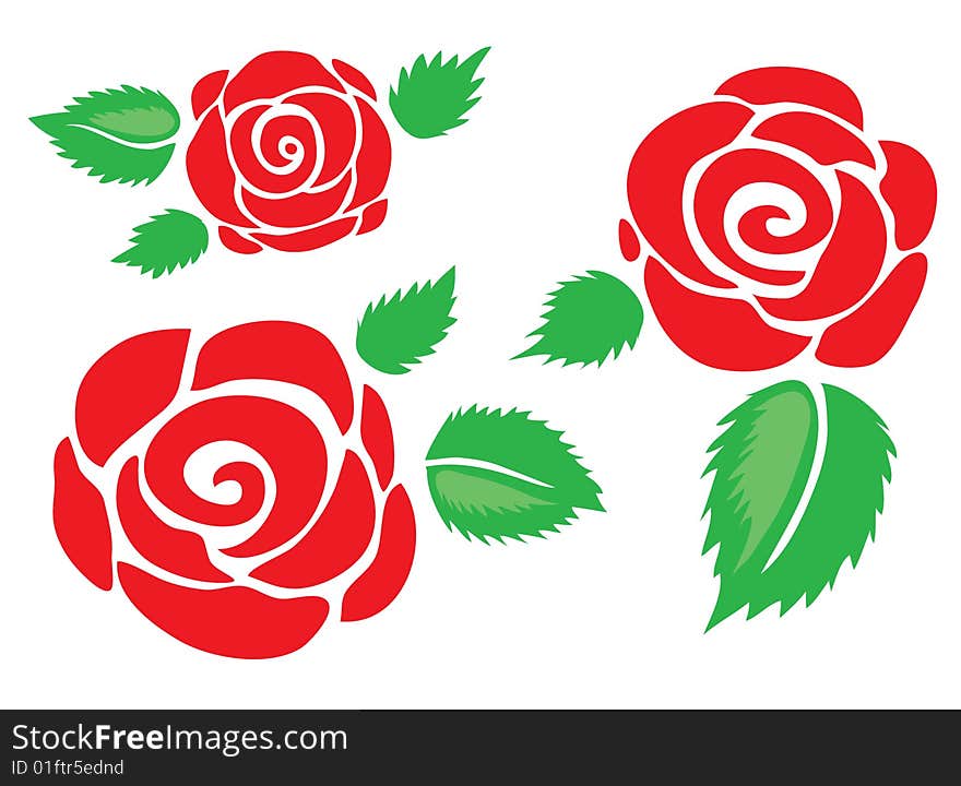 3 red roses with green leaves