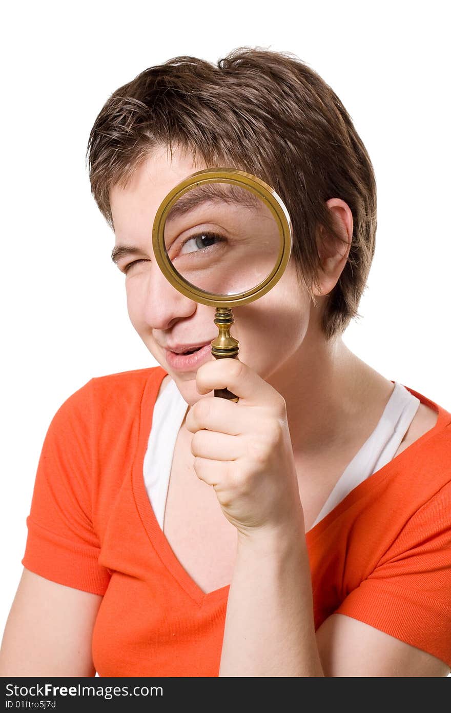 Eye and magnifying glass on a white background