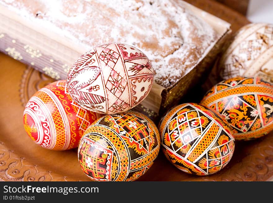 Celebratory dish with easter eggs and cake