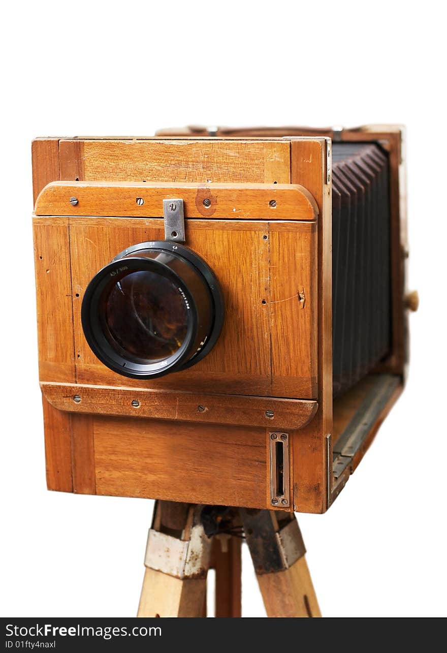 Old rarity photographic camera isolated on white