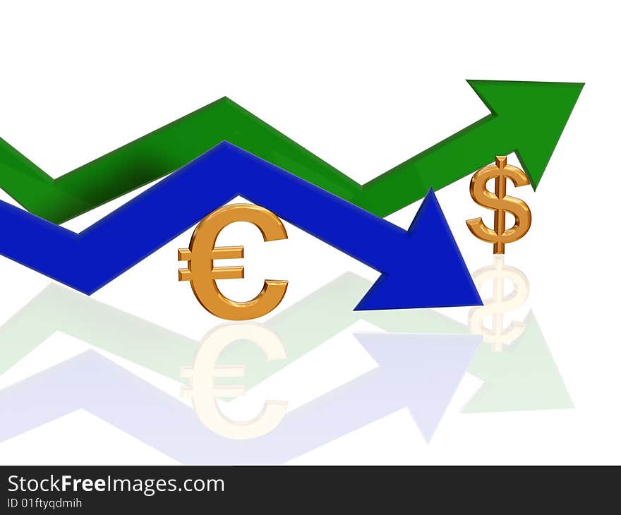 3d golden euro and dollar signs with blue and green arrows. 3d golden euro and dollar signs with blue and green arrows