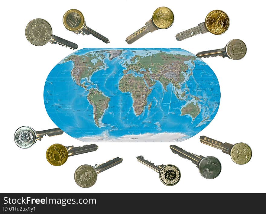 Globe and worldwide financial latchkeys, isolated, on white. Globe and worldwide financial latchkeys, isolated, on white.