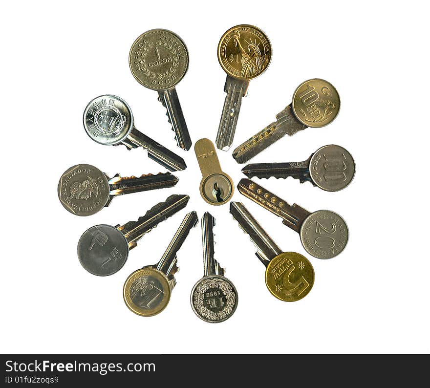 Worldwide financial latchkeys image isolated, on white. Worldwide financial latchkeys image isolated, on white.