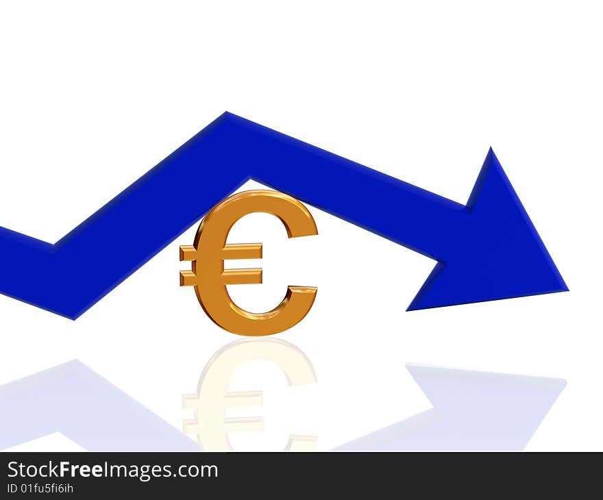 3d golden euro sign with blue arrow. 3d golden euro sign with blue arrow