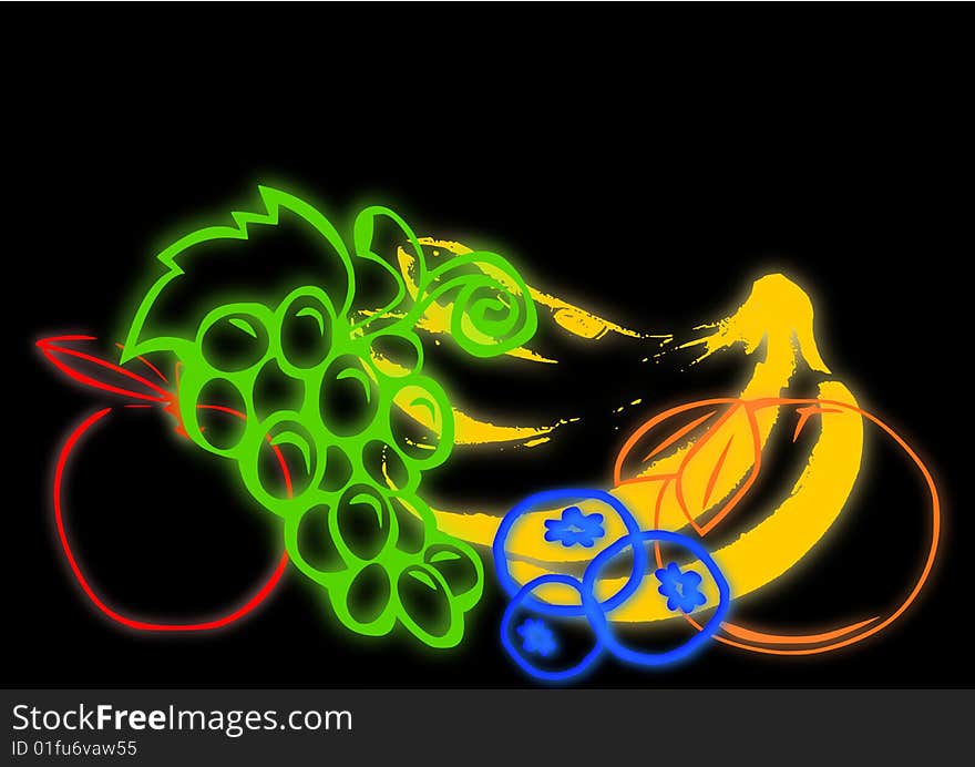 Neon like colorful fruit illustration on a black background.