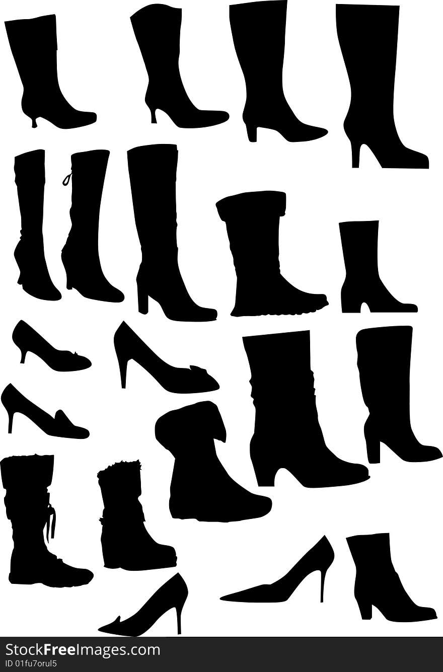 Collection of footwears silhouettes isolated on white background. Collection of footwears silhouettes isolated on white background