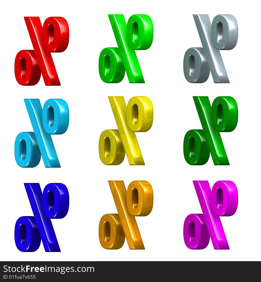 Colorful percent symbols isolated on white. 3D render