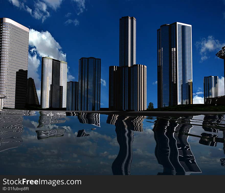 Skyscrapers of modern city on water