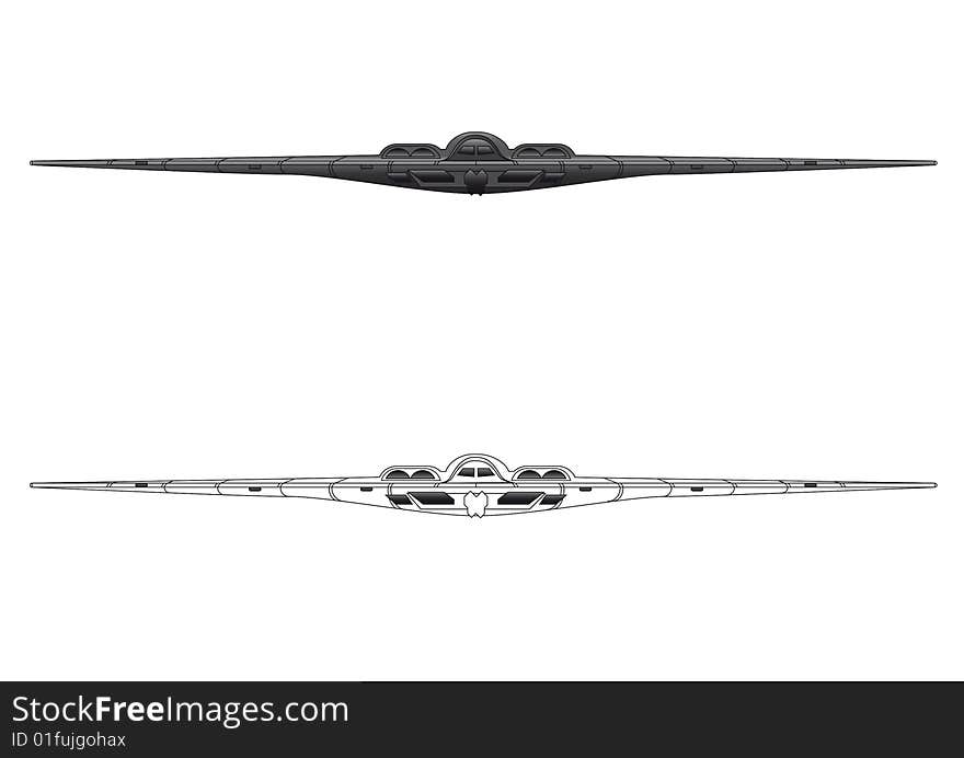 B-2 stealth bomber front view vector illustration in colour and outline. B-2 stealth bomber front view vector illustration in colour and outline