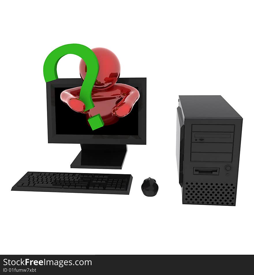 3d render of person in computer with question mark. Isolated on white background.