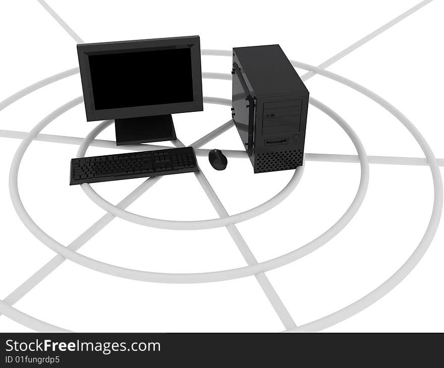 3d render of black computer. Monitor, keyboard, mouse. 3d render of black computer. Monitor, keyboard, mouse.