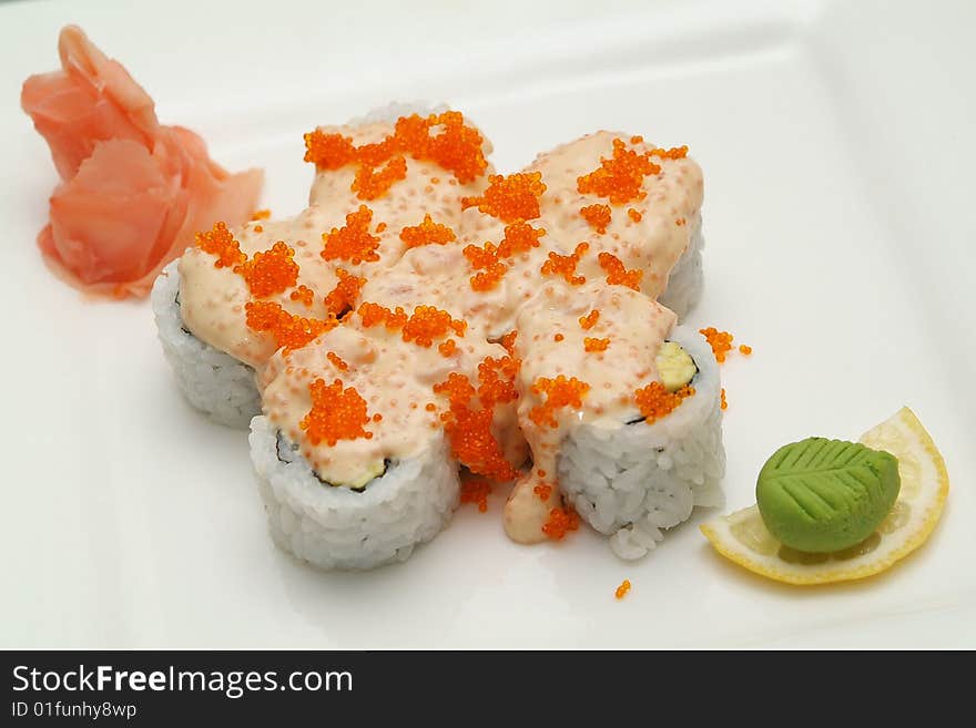 Traditional the Japanese meal sushi on a white background