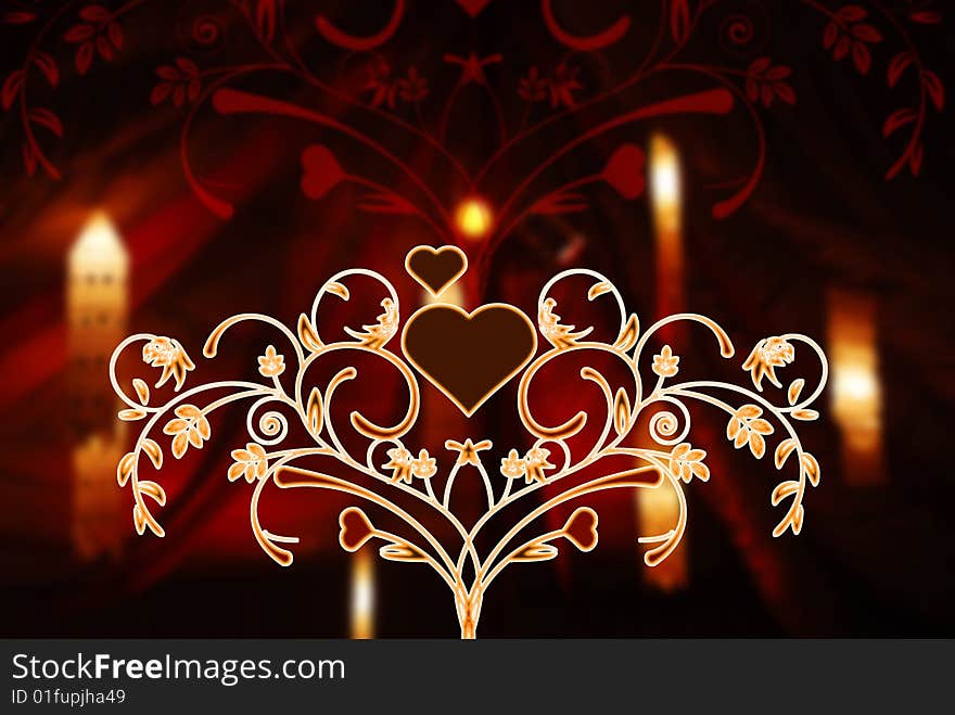 Glowing floral and heart pattern with beautiful light effects in the background. Glowing floral and heart pattern with beautiful light effects in the background