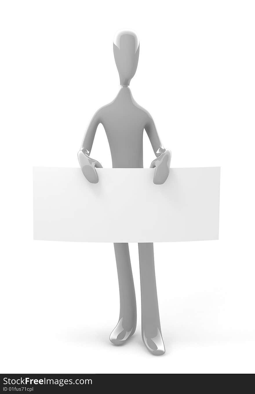 3d gray person holds blank empty board on white background