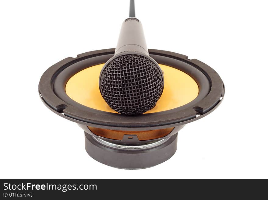 Microphone on the speaker. Straight view.White background.