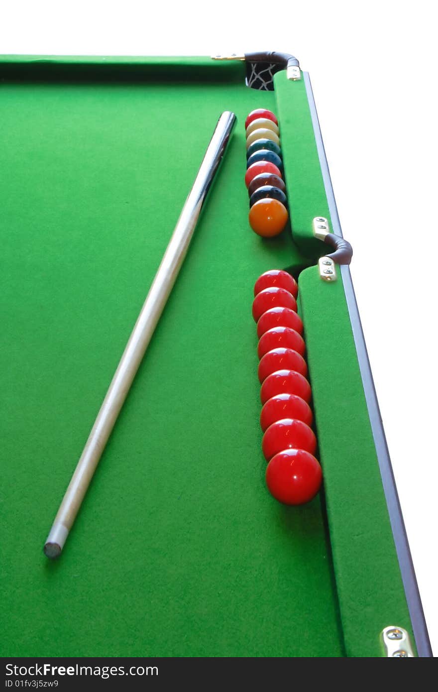 Snooker table complete with balls and cue